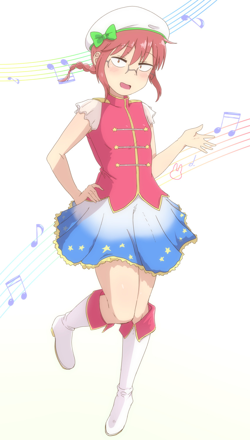 1girl absurdres blush boots braid braided_ponytail breasts commentary_request full_body glasses highres kobayashi-san_chi_no_maidragon kobayashi_(maidragon) kobou31 looking_at_viewer medium_hair miniskirt open_mouth orange_eyes ponytail red_hair simple_background skirt small_breasts solo white_background