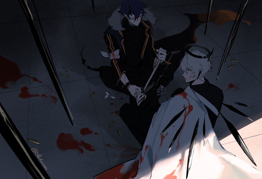 2boys arknights bandages black_pants blood blood_on_clothes blood_on_face blue_hair commentary_request demon_boy demon_horns detached_wings executor_(arknights) flamebringer_(arknights) fur_trim gun halo highres holding holding_sword holding_weapon horns long_sleeves male_focus multiple_boys pants shell_casing shikiri short_hair sitting sword tiles weapon white_hair wings