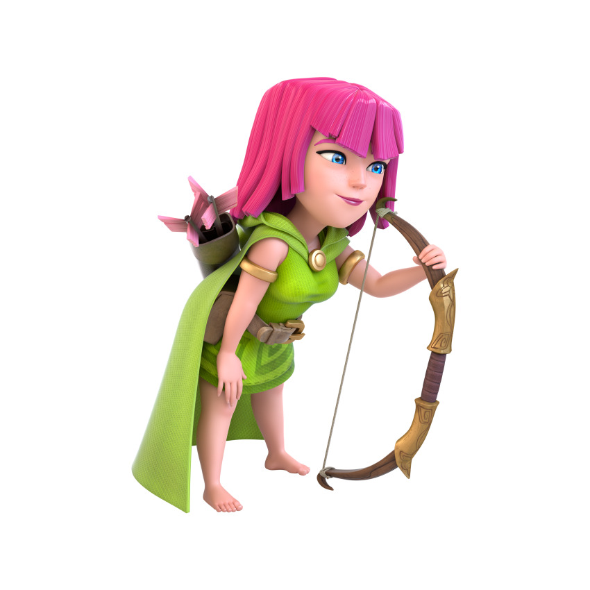 1girl 3d absurdres archer_(clash_of_clans) blue_eyes bow_(weapon) cape clash_of_clans dress full_body green_cape green_dress highres non-web_source official_art simple_background solo transparent_background weapon