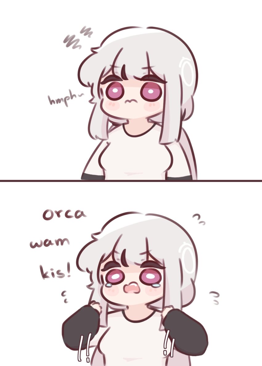 1girl artist_self-insert breasts chibi chonkyorca closed_mouth commentary english_text flying_sweatdrops grey_hair highres long_sleeves low_twintails medium_breasts motion_lines open_mouth orca_(chonkyorca) original puffy_long_sleeves puffy_sleeves purple_eyes shirt simple_background sleeves_past_wrists speed_lines squiggle symbol-only_commentary tears twintails wavy_mouth white_background white_shirt