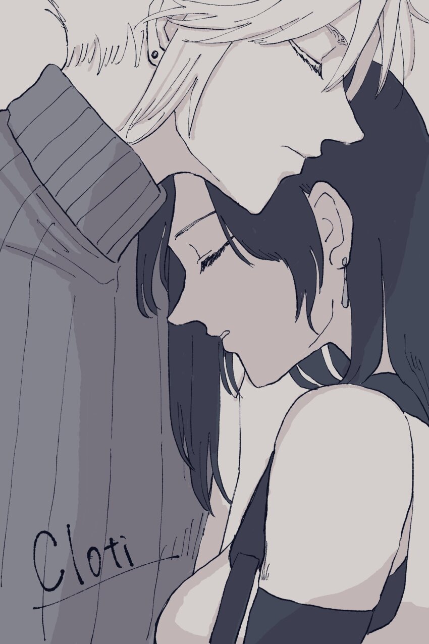 1boy 1girl bare_shoulders black_hair breasts close-up closed_eyes closed_mouth cloud_strife commentary_request earrings final_fantasy final_fantasy_vii final_fantasy_vii_remake from_side greyscale head_on_another's_shoulder highres jewelry large_breasts leaning_on_person long_hair mizuti0810 monochrome parted_lips profile ribbed_sweater short_hair sleeveless sleeveless_turtleneck spiked_hair stud_earrings suspenders sweater tifa_lockhart turtleneck turtleneck_sweater upper_body