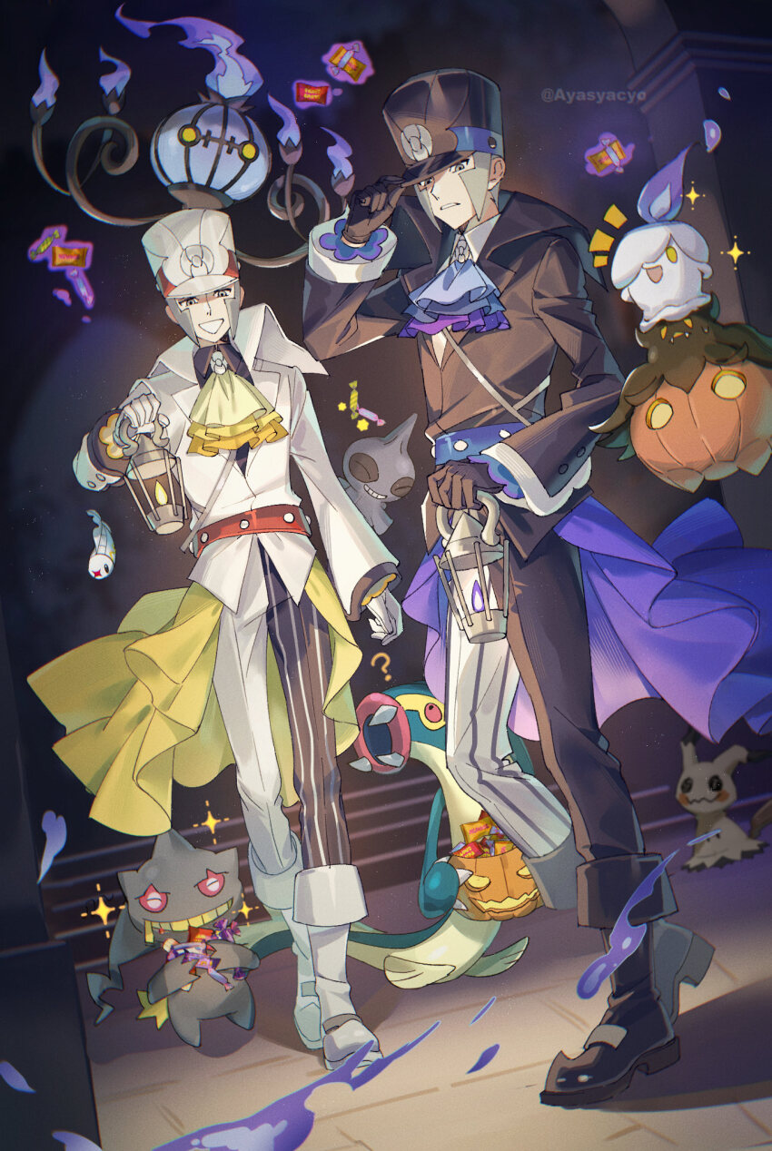 2boys :d ? ascot ayasyacyo banette black_boots black_gloves black_hat black_suit boots bucket candle candy chandelier chandelure claws closed_eyes coat collared_shirt dark_background doll eel eelektross emmet_(pokemon) emmet_(sygna_suit)_(pokemon) fangs fins fire fish food formal_clothes frilled_coat frilled_sleeves frills gen_3_pokemon gen_5_pokemon gen_6_pokemon gen_7_pokemon gloves grey_eyes grey_hair grin halloween_bucket hand_on_own_hat hat hat_tip head_fins highres holding holding_bucket holding_candy holding_food holding_lantern ingo_(pokemon) ingo_(sygna_suit)_(pokemon) jack-o'-lantern lantern litwick mimikyu multiple_boys nintendo open_mouth pokemon pokemon_(creature) pokemon_masters_ex pumpkaboo pumpkin purple_ascot purple_fire red_eyes shirt shuppet sideburns smile suit tail tynamo white_boots white_gloves white_hat white_suit wrapped_candy yellow_ascot yellow_eyes zipper