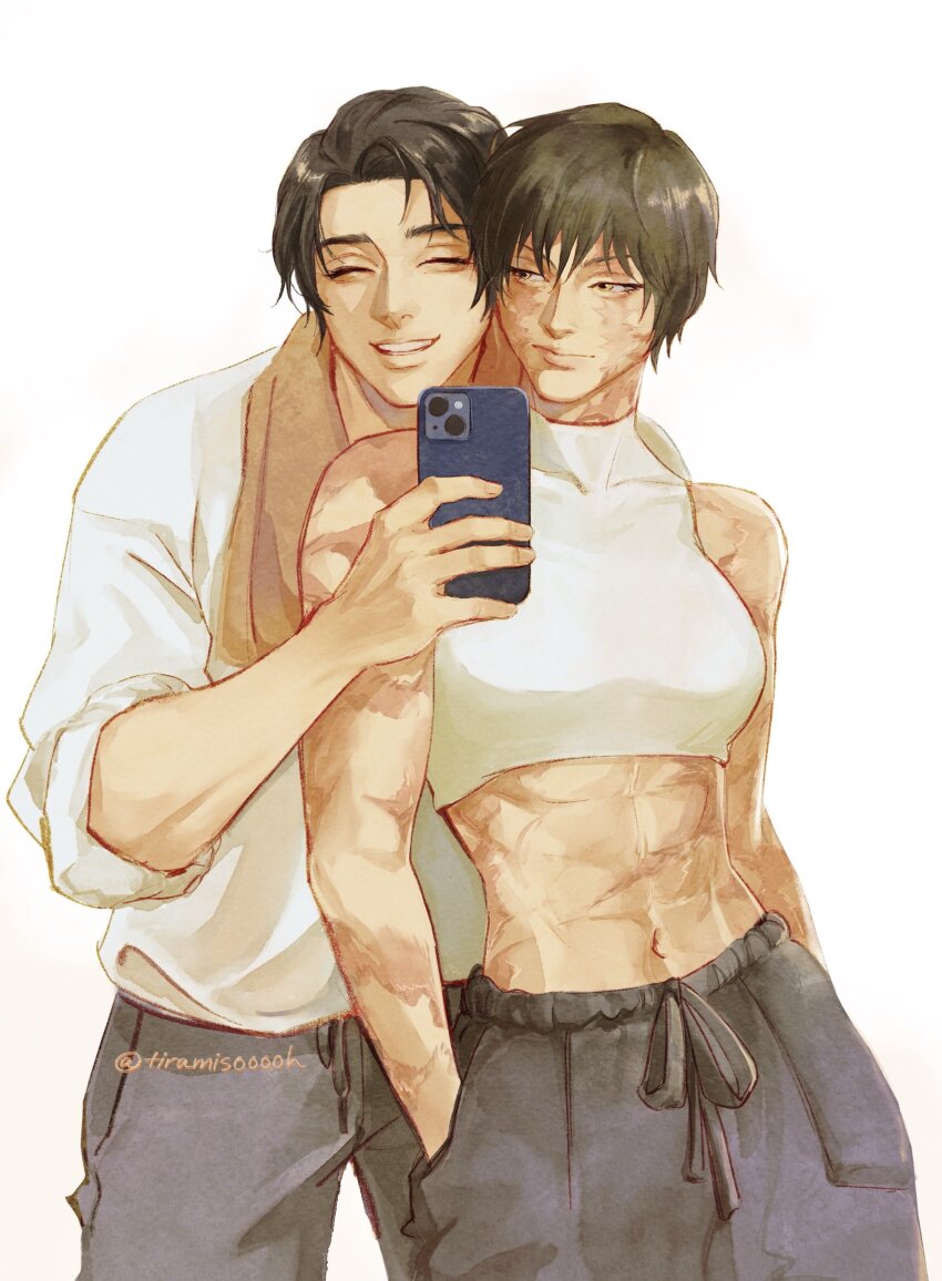 1boy 1girl abs absurdres black_hair black_pants breasts burn_scar closed_eyes closed_mouth couple crop_top cropped_legs elz_(tiramisooooh) green_hair grey_eyes hands_in_pockets highres holding holding_phone jujutsu_kaisen light_smile looking_at_another medium_breasts midriff multiple_scars muscular muscular_female navel pants parted_bangs phone scar scar_on_arm scar_on_face scars_all_over shirt short_hair simple_background sleeveless smile sweater sweatpants taking_picture too_many white_background white_shirt white_sweater zen'in_maki