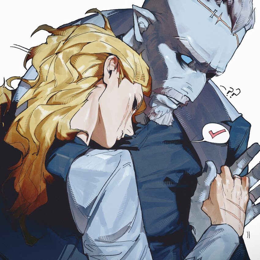 2boys ? ?? beard blonde_hair blue_sclera blue_skin colored_sclera colored_skin facial_hair facial_scar gradient_hair grey_hair highres identity_v leaning_on_person male_focus marcus_thorne multicolored_hair multiple_boys muscular muscular_male mustache parted_lips percy_(identity_v) pointy_ears scar scar_on_cheek scar_on_face scar_on_hand shu0718 wavy_hair yaoi