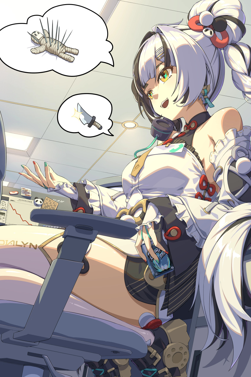 1girl absurdres bare_shoulders black_gloves black_hair black_shoes braid chair china_dress chinese_clothes commentary_request detached_sleeves dialyn_(zenless_zone_zero) dress gloves hand_up highres indoors kneeling long_hair long_sleeves looking_to_the_side multicolored_hair multicolored_nails on_chair open_mouth partially_fingerless_gloves shoes single_glove smile solo split-color_hair spoken_object teeth thighhighs two-tone_hair upper_teeth_only very_long_hair white_dress white_hair white_thighhighs yan000 yellow_eyes zenless_zone_zero