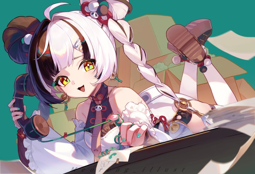 1girl absurdres bare_shoulders black_hair braid breasts commentary detached_sleeves dialyn_(zenless_zone_zero) earrings highres jewelry medium_breasts meoreng_illust multicolored_hair necktie open_mouth phone smile solo split-color_hair twin_braids white_hair yellow_eyes zenless_zone_zero