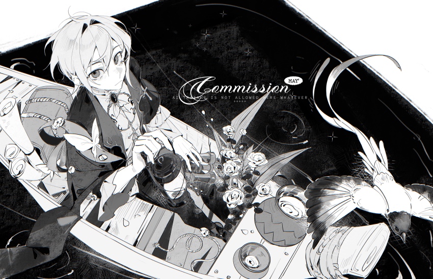 1boy absurdres bag bird boat boots bug butterfly cape closed_mouth commission flower hai_yexing_ren hair_between_eyes hair_intakes highres holding_lamp insect lamp long_sleeves looking_at_viewer male_focus mihuashi_commission monochrome oil_lamp original rope scroll short_hair sidelocks sitting solo watercraft watermark