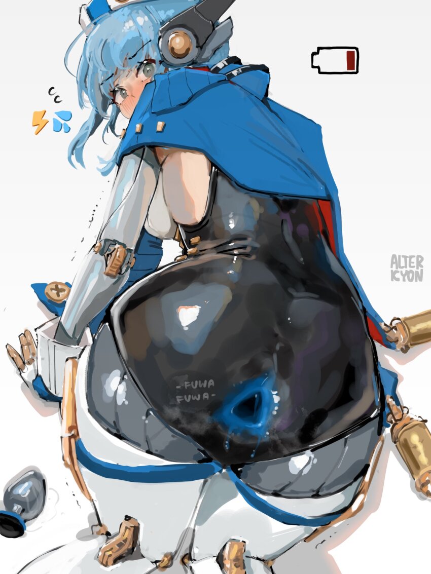 1girl all_fours alterkyon anus ass battery_indicator blue_hair blue_hat butt_plug commentary gaping genshin_impact hat highres ineffa_(genshin_impact) mechanical_arms mechanical_legs robot_girl sex_toy solo symbol-only_commentary triangular_anus