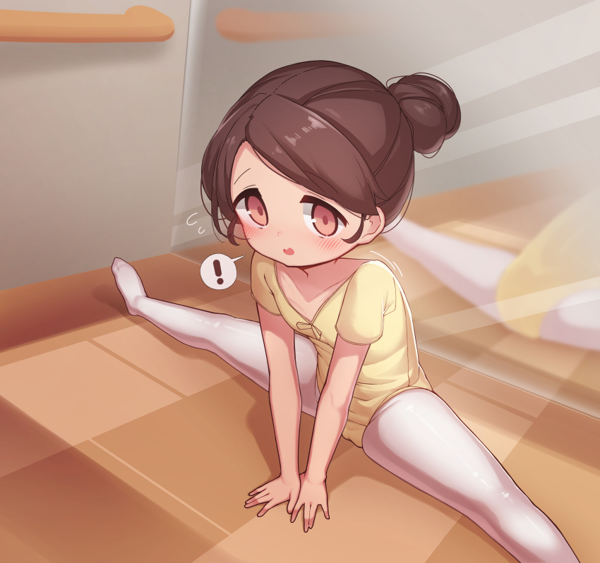 ! 1girl absurdres blush brown_hair collarbone confused embarrassed female_focus flat_chest flexible foot_out_of_frame from_above from_side hair_bun highres leotard loli looking_at_viewer looking_to_the_side mirror mochikushi open_mouth orange_eyes original pantyhose reflection short_hair single_hair_bun sitting solo split spread_legs white_pantyhose wide_spread_legs yellow_leotard
