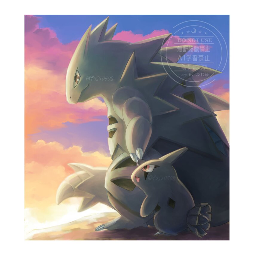 absurdres black_eyes claws closed_mouth cloud fangs fuju1012 gen_2_pokemon highres larvitar nintendo no_humans open_mouth pokemon pokemon_(creature) pokemon_focus red_eyes sky smile standing tail tyranitar