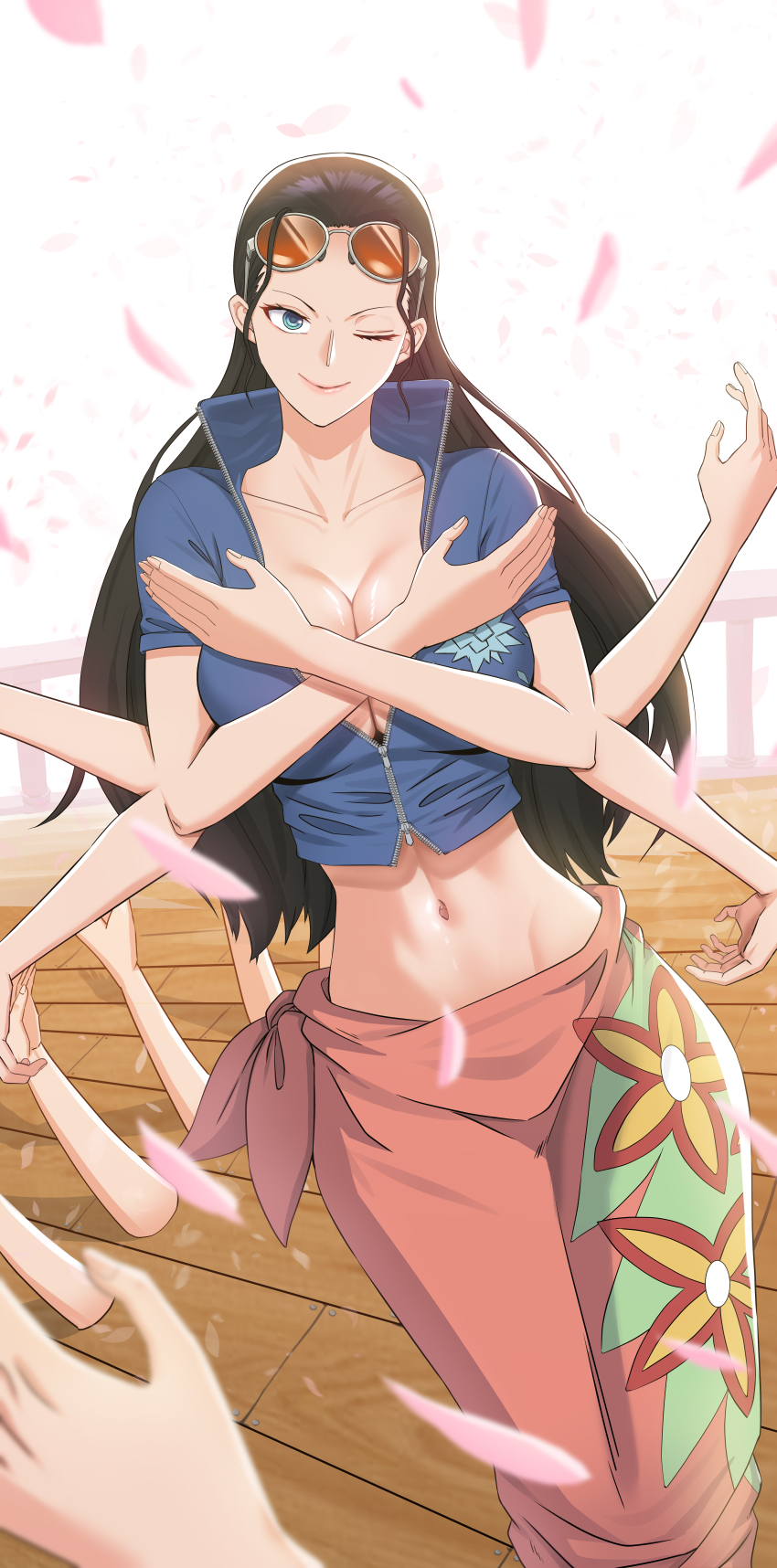 1girl 2024 absurdres black_hair blue_eyes blue_jacket breasts cleavage closed_mouth commentary cropped_jacket devil_fruit_power english_commentary extra_ears eyewear_on_head falling_petals floral_print floral_print_sarong hana_hana_no_mi highres jacket korean_commentary large_breasts long_hair looking_at_viewer midriff mixed-language_commentary multilingual_commentary namhaekeuin navel nico_robin nico_robin_(return_to_sabaody) official_alternate_costume one_eye_closed one_piece orange-tinted_eyewear petals pink_petals pink_sarong sarong short-sleeved_jacket short_sleeves smile solo sunglasses tinted_eyewear wooden_floor zipper