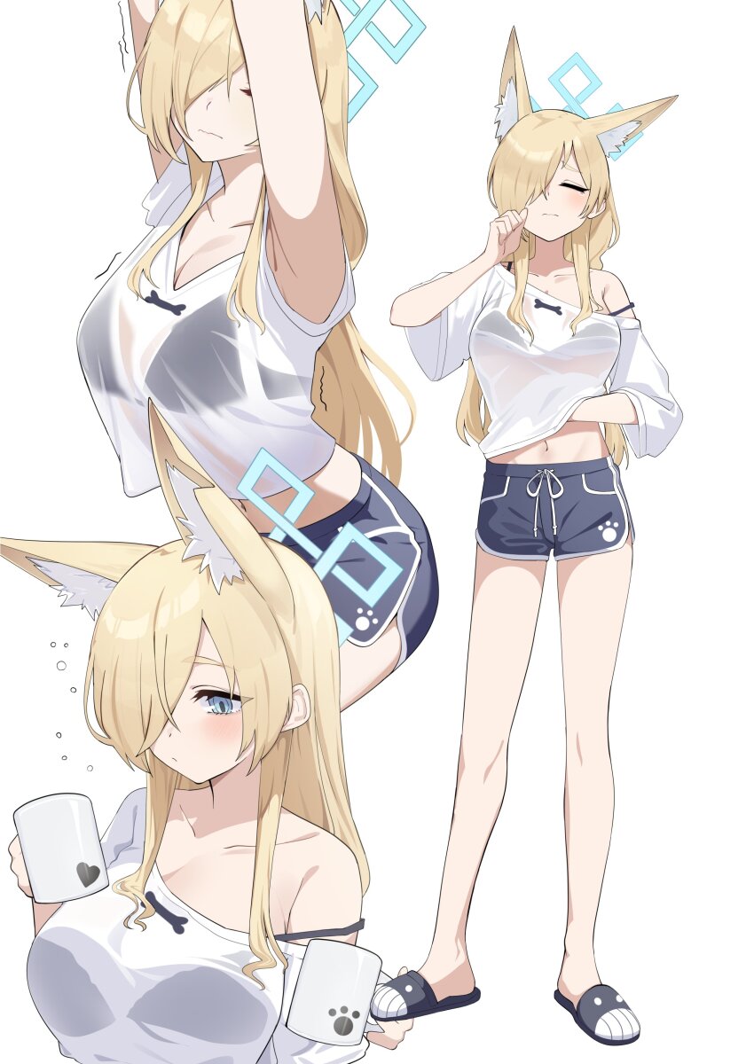 1girl absurdres animal_ear_fluff animal_ears aqua_halo armpits arms_up black_bra blonde_hair blue_archive bra breasts cleavage closed_eyes closed_mouth clothes_lift coffee_mug commentary_request cup dolphin_shorts drawstring grey_eyes grey_shorts hair_over_one_eye halo highres holding holding_cup inapple kanna_(blue_archive) large_breasts lifting_own_clothes long_bangs long_hair midriff mug multiple_views navel off-shoulder_shirt off_shoulder see-through_clothes see-through_shirt shirt shirt_lift short_shorts short_sleeves shorts simple_background standing strap_slip stretching underwear white_background white_shirt