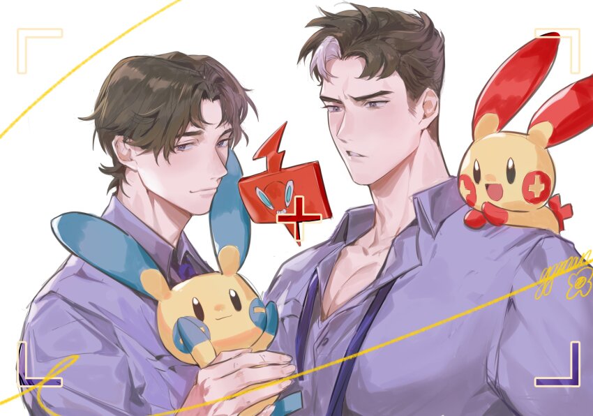 2boys batman_(series) black_hair closed_mouth collared_shirt crossover dc_comics dick_grayson gen_3_pokemon gen_4_pokemon highres holding jason_todd male_focus minun multicolored_hair multiple_boys naijarski necktie nintendo on_shoulder open_mouth pectoral_cleavage pectorals plusle pokemon pokemon_(creature) pokemon_on_shoulder purple_shirt rotom rotom_phone shirt simple_background streaked_hair undone_necktie upper_body white_background white_hair