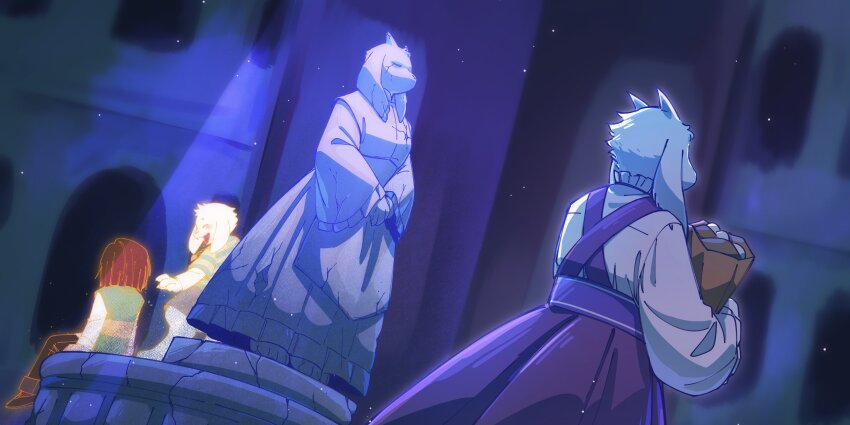 1boy 1girl 1other absurdres animal_ears asriel_dreemurr bag chara_(undertale) crack crescentbutton dutch_angle facing_away furry furry_female goat_ears goat_girl goat_horns highres holding holding_bag horns light_particles paper_bag purple_skirt skirt statue toriel undertale utdr_(toby_fox)