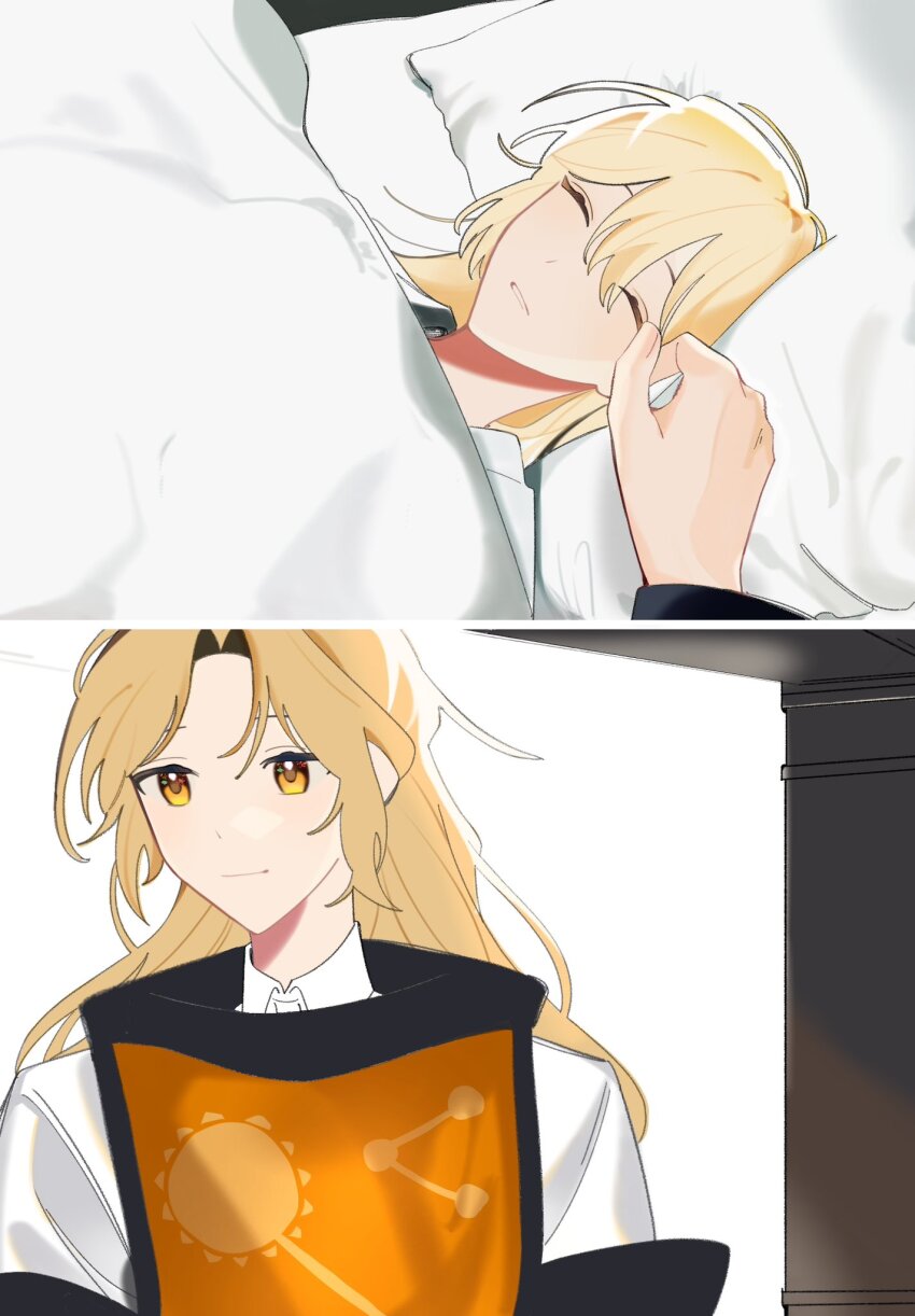 2girls blonde_hair closed_eyes closed_mouth collared_shirt commentary_request constellation_print detached_sleeves gawa_(floor_ok_) head_on_pillow highres long_hair lying matara_okina multiple_girls no_headwear on_back orange_tabard pillow shirt sleeping smile sun_print tabard touhou under_covers white_shirt yakumo_yukari yellow_eyes yuri
