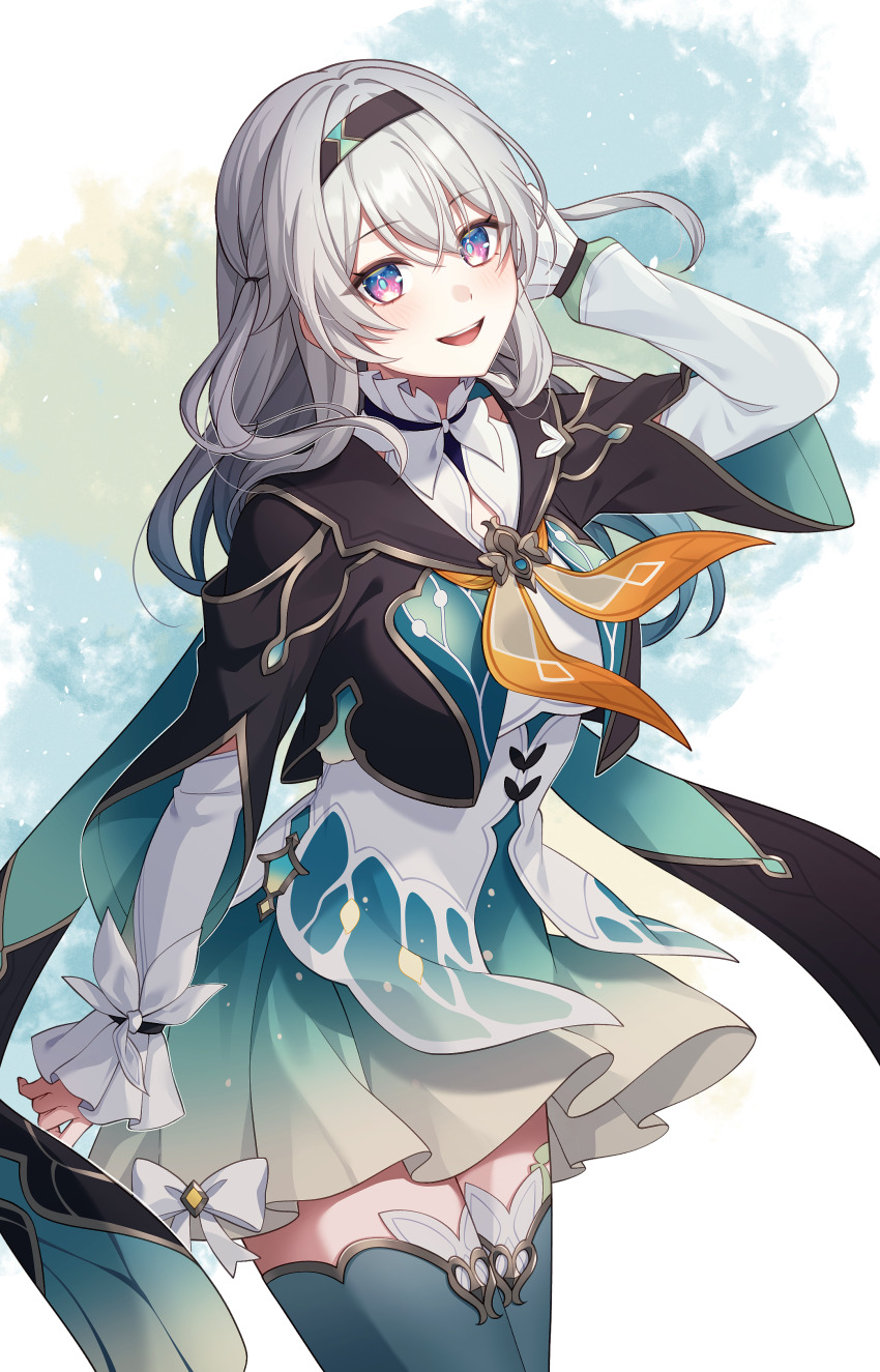 1girl absurdres bad_link blush breasts brown_hairband brown_jacket dress firefly_(honkai:_star_rail) gradient_hair grey_hair hair_between_eyes hairband highres honkai:_star_rail honkai_(series) jacket long_hair long_sleeves looking_at_viewer multicolored_eyes multicolored_hair open_mouth pink_eyes pochimaru_(marumaru_wanwan) simple_background smile solo thighhighs two-tone_eyes white_dress white_sleeves