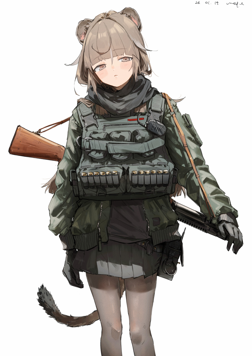 1girl absurdres ammunition animal_ear_fluff animal_ears character_request commentary copyright_request gun highres holding holding_gun holding_weapon long_hair looking_at_viewer original pppmepl scarf simple_background skirt tail weapon white_background