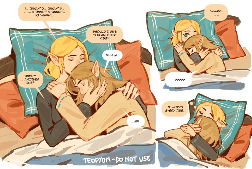 1boy 1girl artist_name bed black_shirt blonde_hair closed_eyes commentary couple earrings english_commentary english_text green_eyes hand_on_another's_cheek hand_on_another's_face head_on_pillow hetero hug implied_kiss jewelry kiss kissing_head link nintendo on_bed pillow pointy_ears princess_zelda pyonteo shirt sidelocks sleeping sleeping_on_person speech_bubble the_legend_of_zelda the_legend_of_zelda:_tears_of_the_kingdom under_covers upper_body white_background zzz