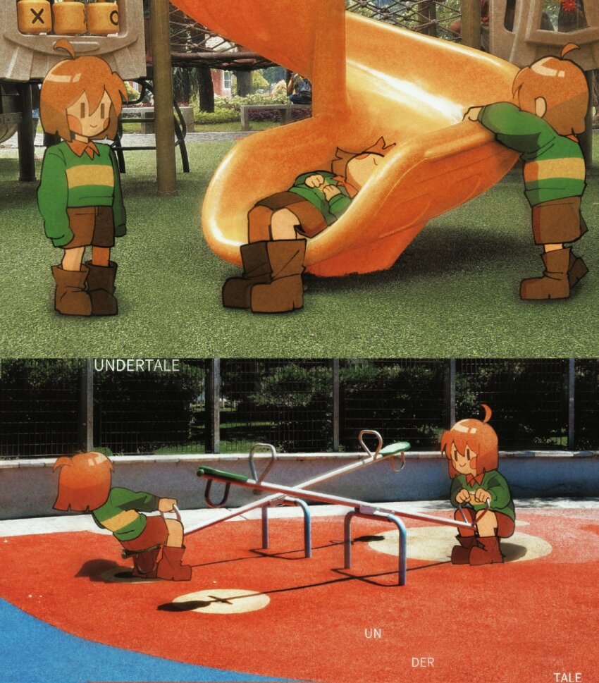 5others ahoge androgynous boots brown_boots brown_eyes brown_hair brown_shirt brown_shorts chara_(undertale) clone closed_mouth collared_shirt colored_skin commentary copyright_name day english_commentary green_sweater highres long_sleeves looking_at_another lying multiple_others on_back on_seesaw outdoors photo_background playground seesaw shio_tou shirt shirt_under_sweater short_hair shorts sitting slide smile standing sweater undertale utdr_(toby_fox) yellow_skin