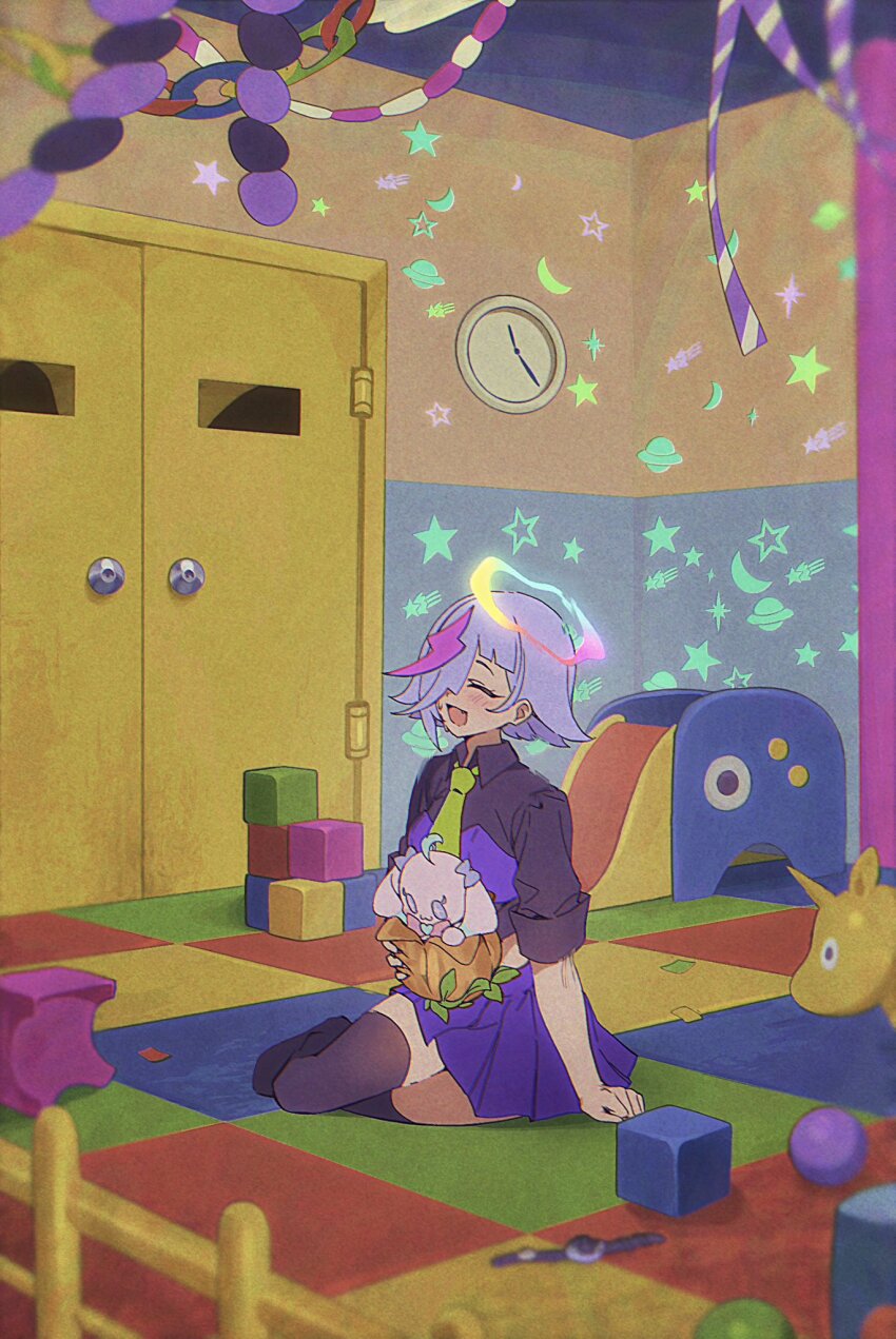 1girl :d arm_at_side black_shirt black_thighhighs clock closed_eyes collared_shirt commentary dark_chii dolldolldd facing_ahead fang full_body hair_over_one_eye halo hand_on_ground highres himitsu_no_aipri holding indoors long_sleeves midriff_peek miniskirt open_mouth pleated_skirt pretty_series priusa purple_hair purple_skirt shirt sitting skirt sleeves_rolled_up smile solo straight_hair stuffed_toy sweat thighhighs toy yokozuwari