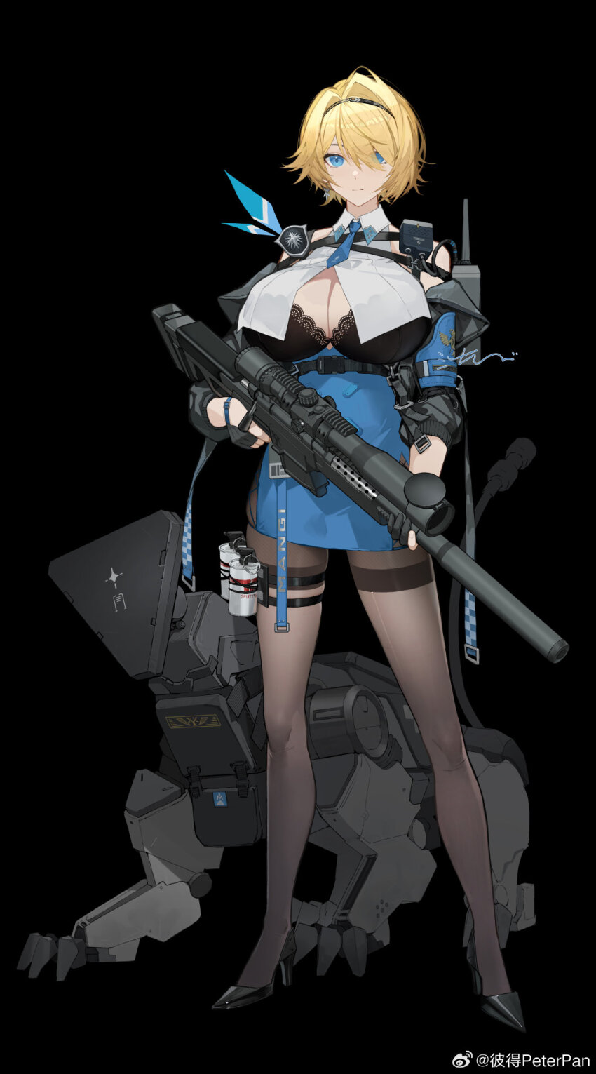 1girl black_background black_bra black_pantyhose blonde_hair blue_skirt bolt_action bra breasts chinese_commentary closed_mouth commentary_request girls'_frontline girls'_frontline_2:_exilium gun hair_intakes hairband high_heels highres holding holding_gun holding_weapon kulich_(girls'_frontline_2) large_breasts necktie nikketa_(girls'_frontline_2) non-humanoid_robot pantyhose peter_pan_(adtc7243) radio rifle robot robot_animal robot_dog short_hair simple_background skirt sniper_rifle standing underwear vsk-94_(girls'_frontline) weapon