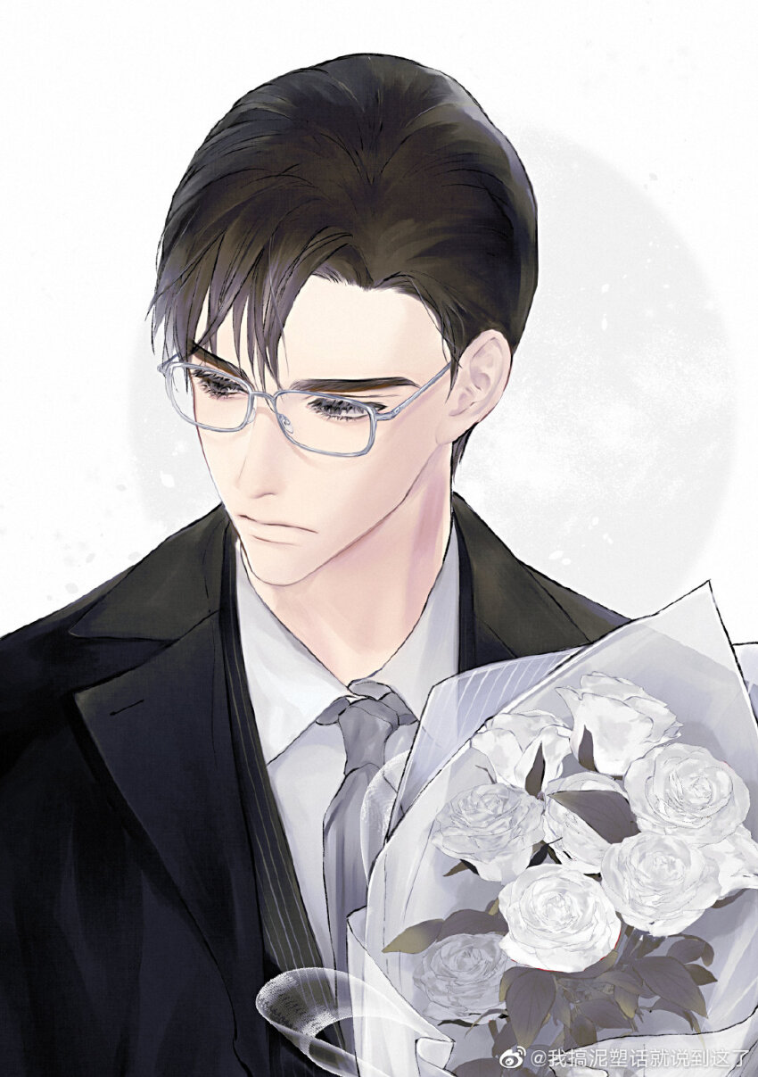 1boy black_coat black_hair black_suit bouquet chinese_commentary closed_mouth coat collared_shirt flower formal_clothes glasses haoriday highres holding holding_bouquet looking_down male_focus medical_record_book necktie rose shirt short_hair simple_background solo suit upper_body watermark weibo_watermark white_background white_flower white_rose white_shirt xie_qingcheng