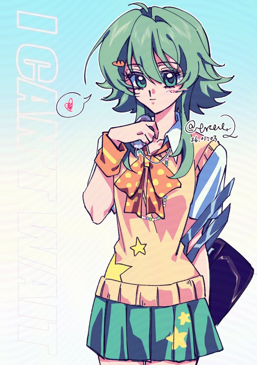 1girl absurdres bead_necklace beads bow bowtie carrot_hair_ornament collared_shirt cuishubing_404 dated food-themed_hair_ornament green_eyes green_hair green_skirt gumi hair_between_eyes hair_ornament hashtag-only_commentary heart heisei_retro highres i_can't_wait_(synthesizer_v) jewelry light_smile necklace orange_bow orange_bowtie pleated_skirt polka_dot polka_dot_bow retro_artstyle shirt short_hair_with_long_locks short_sleeves skirt smile solo song_name spoken_heart star_(symbol) star_print twitter_username vest vocaloid white_shirt wristband yellow_vest