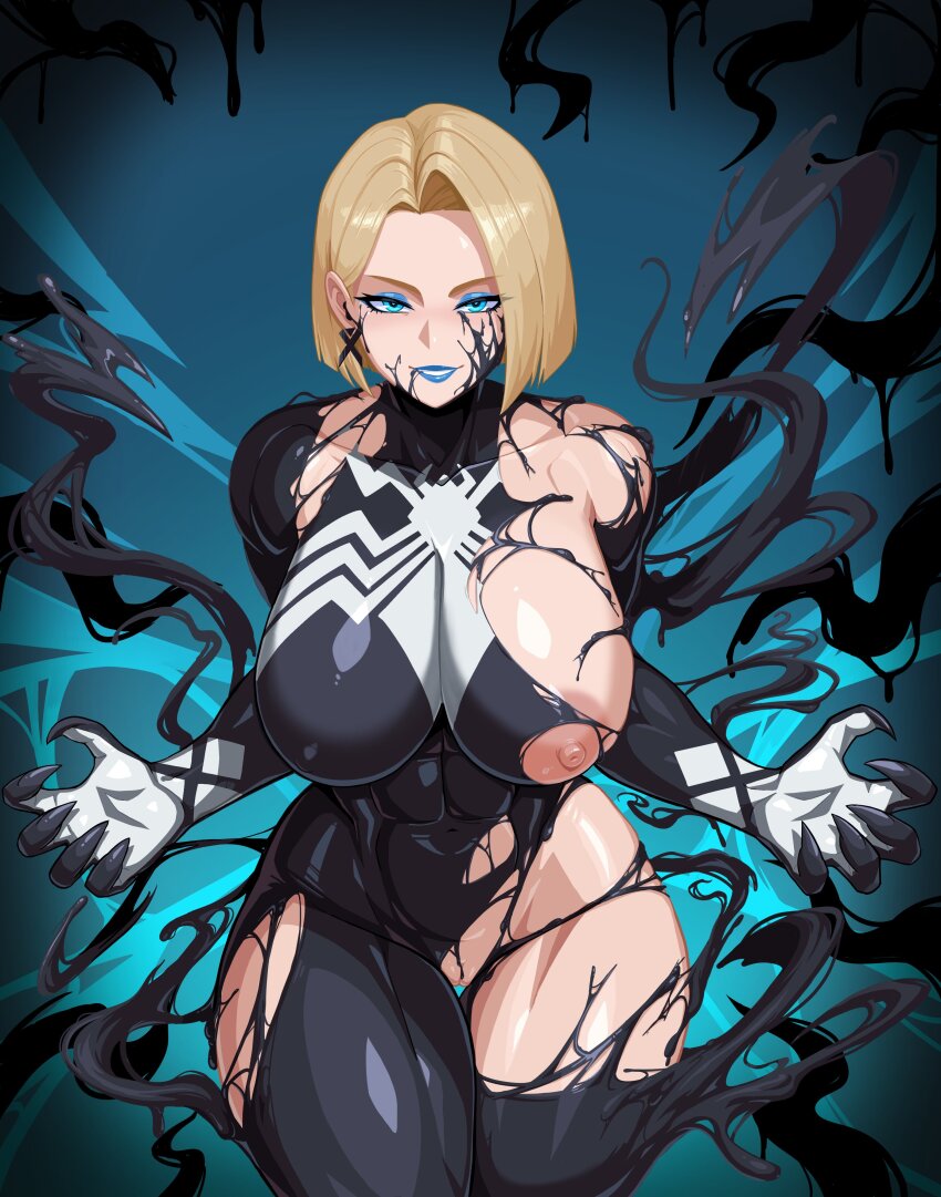 1girl absurdres black_bodysuit black_eyeshadow black_lips blonde_hair blue_background blue_eyes bodysuit breasts commentary cowboy_shot emma_frost english_commentary eyeshadow f.b.w henshin highres large_breasts long_tongue makeup marvel marvel_rivals nipples parted_lips pussy pussy_juice saliva short_hair smile solo_focus spider-man_(series) tentacles tongue tongue_out transforming_clothes venom_(marvel) very_long_tongue x-men