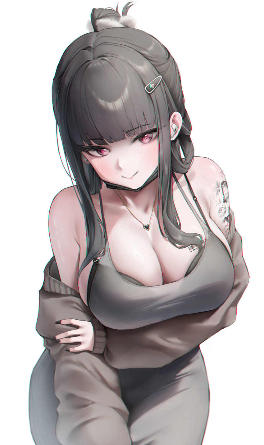 1girl absurdres airpods arm_tattoo arm_under_breasts barcode barcode_tattoo black_bra black_hair black_nails bra bra_peek breast_tattoo breasts cleavage closed_mouth collarbone d_(killer_wife)_(nikke) d_(nikke) dress goddess_of_victory:_nikke grey_dress hair_ornament hairclip heart heart_necklace highres hundred0327 jewelry large_breasts looking_at_viewer mask mask_pull mouth_mask necklace red_eyes revision simple_background smile solo tattoo underwear white_background wireless_earphones