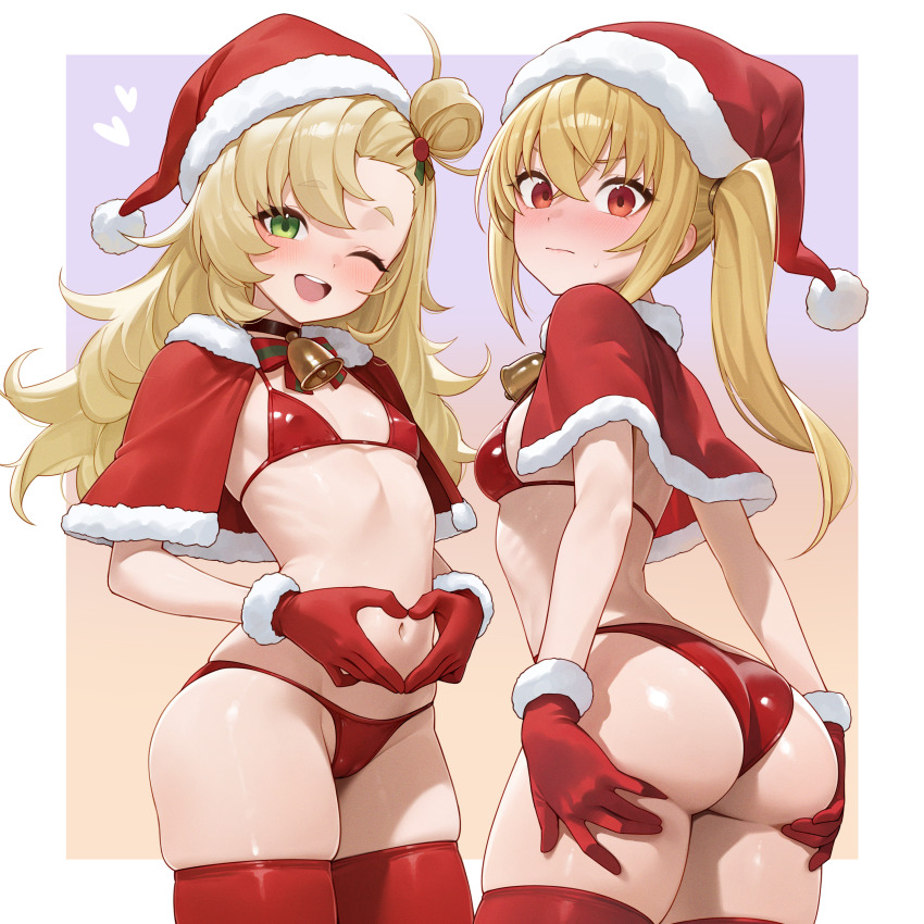2girls ;d absurdres ass bell bikini black_choker blonde_hair blush border breasts capelet choker commentary covered_erect_nipples english_commentary fur_trim gloves green_eyes hair_bun hat heart heart_hands highres jingle_bell loli lolibaba luciana_de_montefio micro_bikini multiple_girls navel one_eye_closed open_mouth piper_wheel red_bikini red_eyes red_gloves red_thighhighs santa_bikini santa_costume santa_hat side_ponytail single_hair_bun small_breasts smile stomach swimsuit thighhighs weimiaw white_border zenless_zone_zero