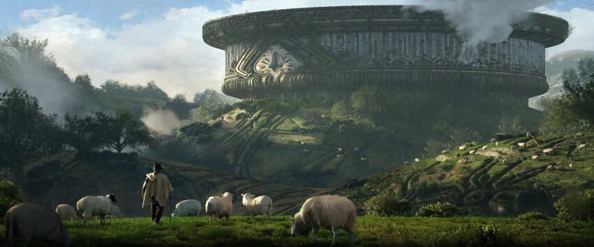 1boy absurdres animal blue_sky brown_hat building bush cane cloak cloud commentary english_commentary felixriano field from_behind grass grazing_(livestock) hat highres hill landscape original outdoors scenery sheep sky temple tree white_cloak