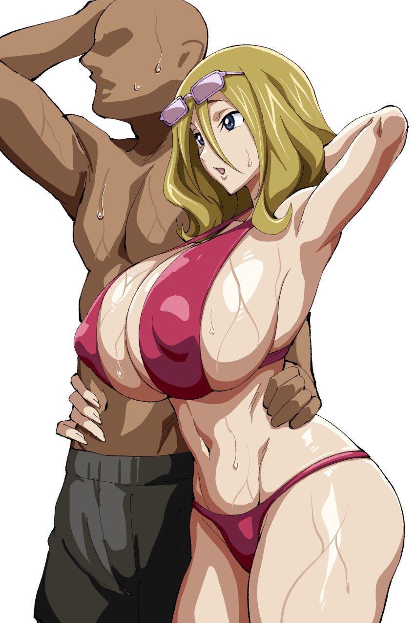 1boy 1girl alternate_costume belly bikini blonde_hair breasts code_geass curvy glasses hetero highres huge_breasts iwao178 milly_ashford muscular muscular_male navel official_alternate_costume red_bikini shiny_skin skindentation sunglasses swimsuit thong thong_bikini wet wide_hips