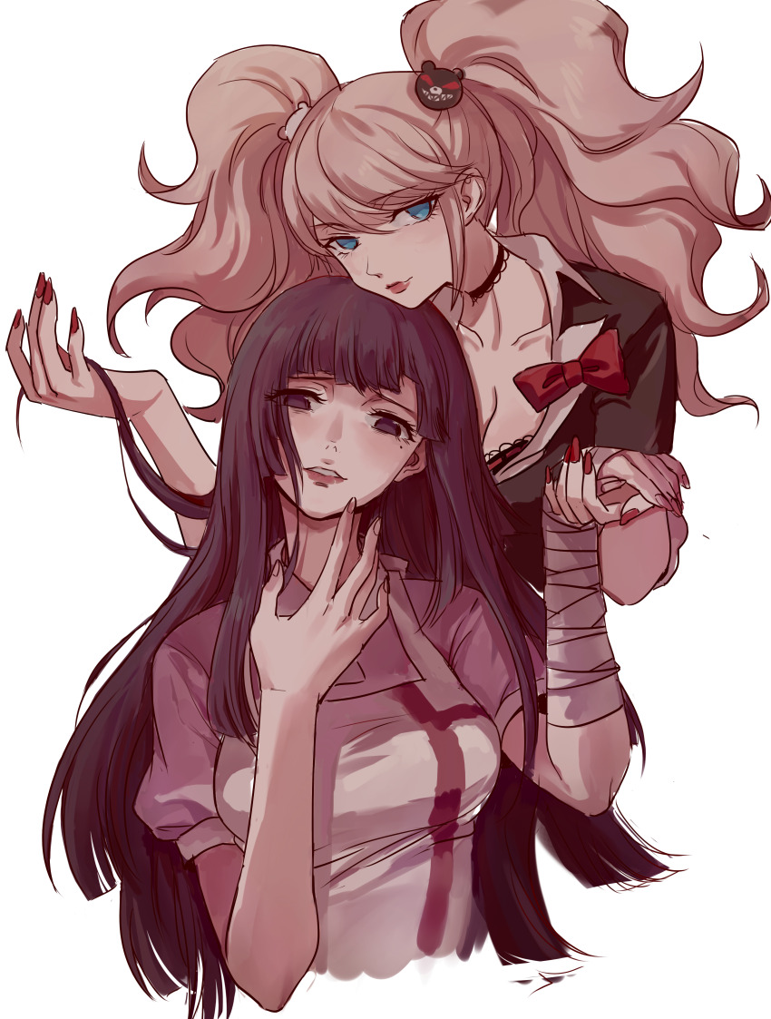 2girls \||/ absurdres apron bandaged_arm bandages bare_arms bear_hair_ornament behind_another big_hair black_bra black_choker black_shirt blonde_hair blue_eyes blunt_bangs blunt_ends bow bra breasts choker cleavage closed_mouth collarbone collared_shirt commentary cropped_torso danganronpa_(series) danganronpa_2:_goodbye_despair dated_commentary empty_eyes enoshima_junko eyes_visible_through_hair fingernails grin hair_ornament hands_up head_rest highres holding_hands lace lace-trimmed_bra lace-trimmed_choker lace_trim long_hair looking_at_hand looking_at_viewer medium_breasts mole mole_under_eye multiple_girls nail_polish no_pupils pink_shirt puffy_short_sleeves puffy_sleeves purple_eyes purple_hair raised_inner_eyebrows red_bow red_lips red_nails shirt short_sleeves sidelocks simple_background small_breasts smile straight_hair swept_bangs symbol-only_commentary tsumiki_mikan twintails underwear very_long_hair wavy_hair white_apron white_background yolk_tomatosauce