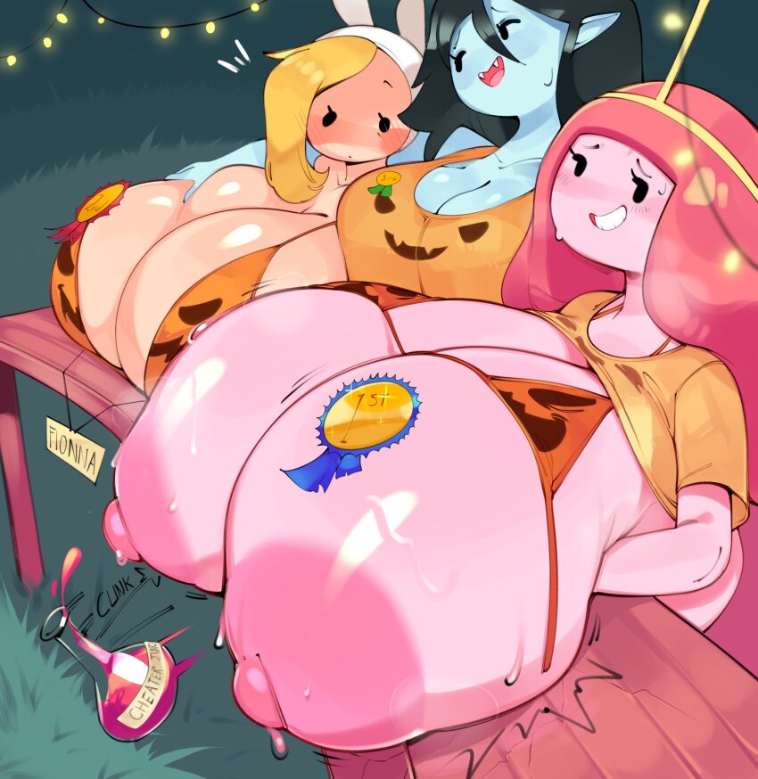 3girls adventure_time alternate_breast_size_(larger) animal_hat award_ribbon badge black_eyes black_hair blonde_hair blue_skin blush bra breast_lift breasts breasts_out bulumble-bee bust_chart character_name closed_mouth colored_skin competition crown decorations desk_slam dot_mouth fangs fionna_campbell gigantic_breasts grabbing_another's_breast grass groping halloween hanging_light hat highres huge_areolae huge_breasts huge_nipples looking_at_breasts looking_at_viewer looking_down looking_to_the_side marceline_abadeer medal multiple_girls name_tag nervous nervous_smile nervous_sweating nipples no_nose nose_blush notice_lines open_mouth orange_shirt outdoors pink_hair pink_skin pointy_ears potion princess_bonnibel_bubblegum pumpkin_bra pumpkin_costume pumpkin_print rabbit_hat shirt smile sound_effects string_lights string_of_light_bulbs sweat sweatdrop table torn_bra torn_clothes underwear