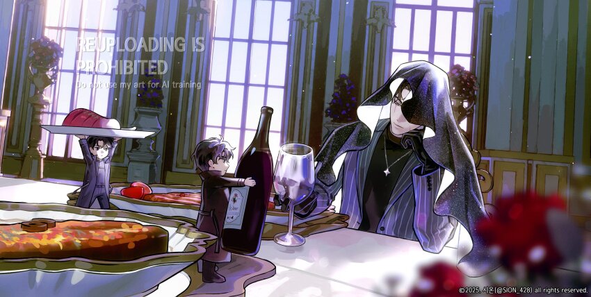 3boys black_coat black_shirt bloom blurry blurry_foreground bottle cloak coat cup curtains depth_of_field drinking_glass dutch_angle hand_on_own_chin head_rest highres holding holding_bottle holding_cup holding_plate hood hood_up hooded_cloak light_particles mini_person miniboy multiple_boys omniscient_reader's_viewpoint plate secretive_plotter shirt sion_428 starry_sky_print striped_coat table window_light wine_glass yoo_joonghyuk yoo_joonghyuk_(999th_turn)