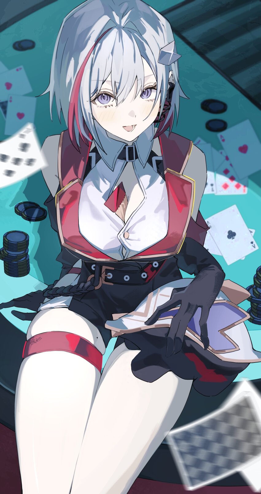 1girl absurdres blue_eyes breasts card colored_inner_hair earpiece highres honkai:_star_rail honkai_(series) large_breasts mole mole_on_thigh multicolored_hair numby_(honkai:_star_rail) open_mouth playing_card poker_chip poker_table red_hair ren_(renjiyu) short_hair table thigh_strap thighs ticket topaz_(honkai:_star_rail) trotter_(honkai:_star_rail) white_hair