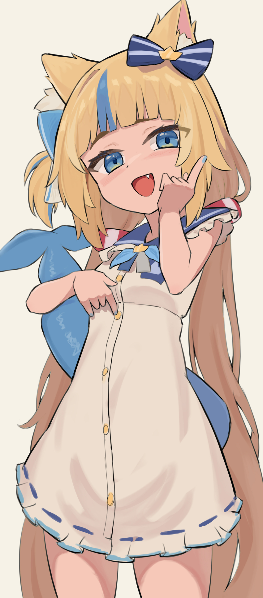 1girl :d absurdres animal_ear_fluff animal_ears blonde_hair blue_bow blue_eyes blue_hair blue_nails blunt_bangs blush bow breasts cat_ears commentary cowboy_shot dress fang fins fish_tail frills hair_bow hair_ornament highres hsh index_finger_raised indie_virtual_youtuber long_hair looking_at_viewer multicolored_hair nail_polish open_mouth sailor_collar sailor_dress sameko_saba simple_background sleeveless sleeveless_dress small_breasts smile solo streaked_hair tail twintails very_long_hair virtual_youtuber white_dress