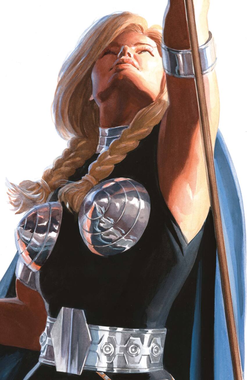 1girl absurdres alex_ross arm_up armlet belt black_shirt blonde_hair blue_cape braid brunnhilde_(marvel) cape comic_cover cover cover_page grey_armor highres holding holding_polearm holding_weapon jewelry looking_up low_twin_braids marvel official_art polearm shirt silver_armlet silver_belt solo thor_(marvel)_(series) twin_braids upper_body valkyrie_(marvel) weapon western_comics_(style) white_background