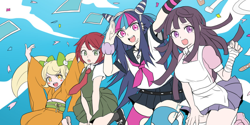 4girls apron arms_up asymmetrical_legwear bandaged_arm bandages bandaid black_hair black_sailor_collar black_shoes black_skirt black_socks blonde_hair blue_hair blue_skirt blue_sky blush_stickers bow cloud collared_shirt confetti danganronpa_(series) danganronpa_2:_goodbye_despair day dress elbow_gloves face_piercing gloves green_bow green_dress green_eyes green_sash hair_bow hair_horns hat highres japanese_clothes jumping kawati kimono koizumi_mahiru midair mioda_ibuki mismatched_legwear mole mole_under_eye mouth_piercing multicolored_hair multiple_girls neckerchief necktie obi open_mouth orange_kimono piercing pink_eyes pink_hair pink_neckerchief pink_shirt pink_shoes purple_eyes purple_hair red_hat red_necktie sailor_collar saionji_hiyoko sash school_uniform scrunchie serafuku shirt shoes short_hair single_elbow_glove skirt sky smile socks striped_clothes striped_gloves teeth thighhighs torn_clothes torn_thighhighs tsumiki_mikan twintails upper_teeth_only v-shaped_eyebrows white_apron white_hair white_shirt wrist_scrunchie yellow_eyes