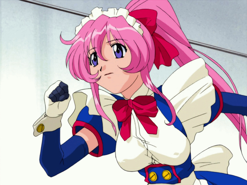 1990s_(style) 1girl android animated animated_gif apron black_gloves blue_dress blue_eyes blue_sleeves bouncing bouncing_breasts bow bowtie breasts cuffs detached_sleeves dress female_focus frilled_apron frilled_hairband frills gloves hair_between_eyes hair_ribbon hairband headdress indoors koutetsu_tenshi_kurumi kurumi_(koutetsu_tenshi_kurumi) large_breasts long_hair looping_animation maid maid_apron maid_headdress multicolored_gloves pink_hair ponytail red_bow red_bowtie red_ribbon retro_artstyle ribbon running short_sleeves sidelocks solo upper_body very_long_hair white_gloves