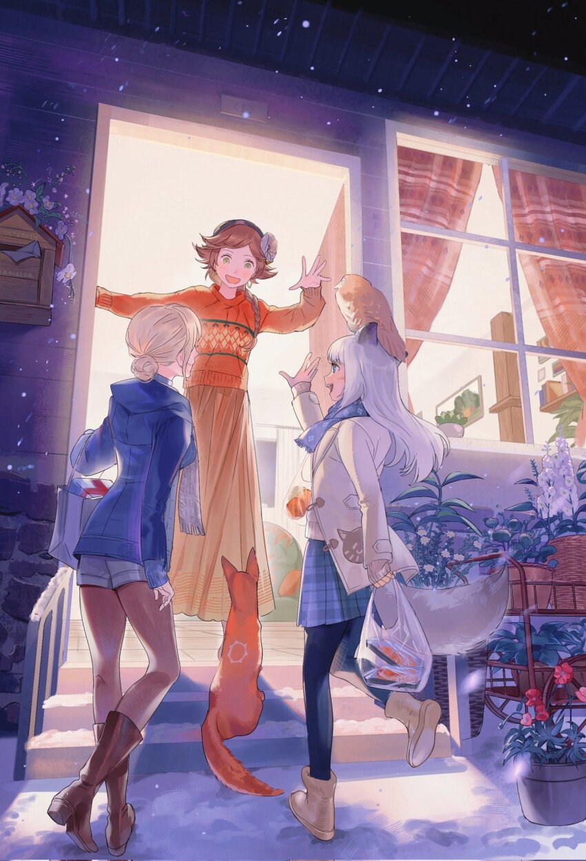 3girls agnea_bristarni animal_ears bag barn_owl bird black_hairband blonde_hair blue_eyes blue_jacket blue_shorts blue_skirt boots braid brown_boots brown_hair castti_florenz commentary_request flower fox fox_ears fox_girl fox_tail full_body hair_bun hair_flower hair_ornament hairband hand_up highres holding holding_bag house jacket keta040429 long_hair long_skirt long_sleeves multiple_girls ochette_(octopath_traveler) octopath_traveler octopath_traveler_ii open_mouth orange_skirt orange_sweater owl profile short_hair shorts single_braid skirt sleeves_past_wrists smile snow snowing standing sweater tail waving white_hair white_jacket yellow_boots