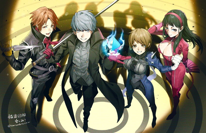 2boys 2girls absurdres amagi_yukiko amamiya_ren amamiya_ren_(cosplay) black_hair breasts brown_hair cleavage cleavage_cutout clothing_cutout cosplay full_body gloves grey_hair hanamura_yousuke hand_fan highres joker_(persona_5) joker_(persona_5)_(cosplay) katana knife large_breasts long_hair looking_at_viewer megami_tensei multiple_boys multiple_girls narukami_yu niijima_makoto niijima_makoto_(cosplay) omisoshiru panther_(persona_5) paper_fan persona persona_4 persona_5 queen_(persona_5) sakamoto_ryuuji sakamoto_ryuuji_(cosplay) satonaka_chie scarf short_hair skull_(persona_5) sword tail takamaki_anne takamaki_anne_(cosplay) weapon