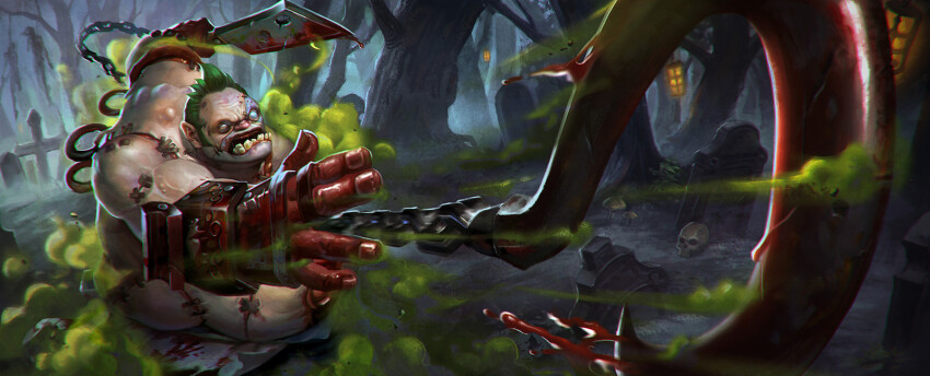 1boy blood chain dota_(series) dota_2 fat fat_man forest highres holding holding_knife holding_weapon hook ji_zhang knife male_focus nature no_pupils outdoors pudge_(dota) solo weapon