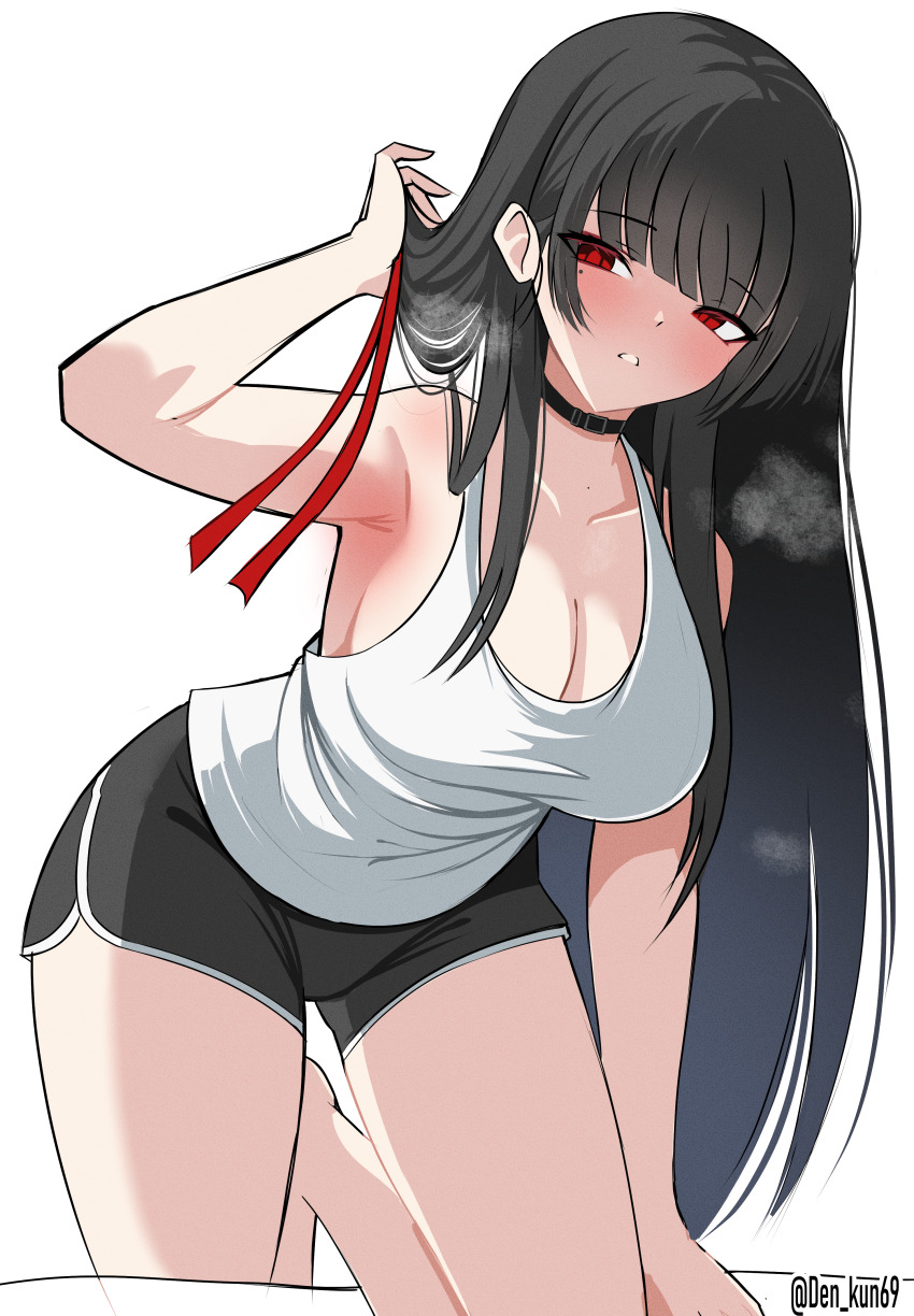 1girl absurdres alternate_breast_size_(larger) alternate_costume arm_up bare_shoulders black_choker black_hair black_shorts blush breasts chisa_(wuthering_waves) choker collarbone commentary den_kun69 dolphin_shorts english_commentary highres large_breasts long_hair looking_at_viewer mole mole_under_eye parted_lips red_eyes shirt shorts simple_background solo thighs twitter_username white_background white_shirt wuthering_waves