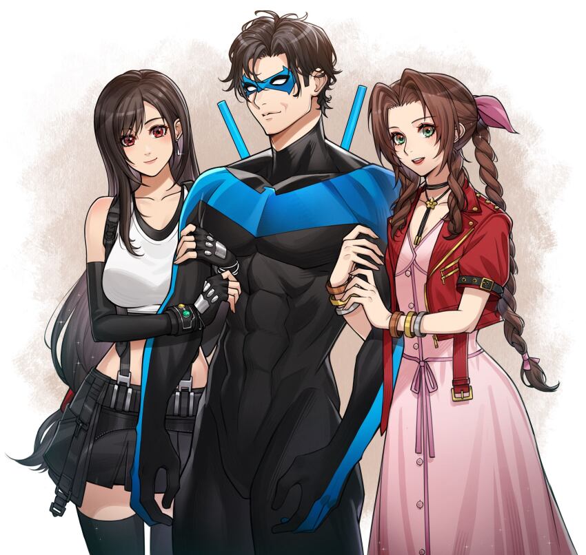 1boy 2girls absurdres aerith_gainsborough batman_(series) black_bodysuit blue_bodysuit blue_mask bodysuit crossover dc_comics dick_grayson final_fantasy final_fantasy_vii highres holding_another's_arm lukrevadraws mask multicolored_bodysuit multiple_girls nightwing superhero_costume tifa_lockhart two-tone_bodysuit