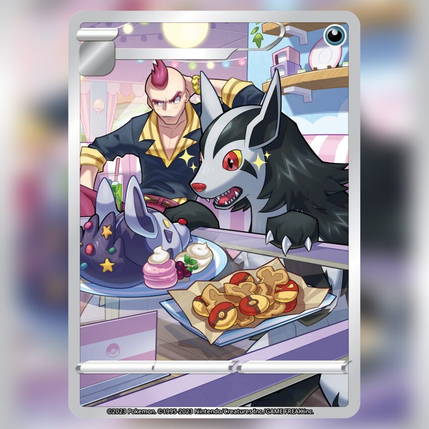 1boy arm_behind_head belt black_shirt blush bracelet brown_belt card_(medium) character-themed_food claws collared_shirt colored_sclera commentary company_name cookie copyright_name copyright_notice dessert english_commentary food gen_1_pokemon gen_3_pokemon glass_table gold_bracelet gossan indoors jewelry mightyena nintendo official_art open_mouth pants poke_ball_theme pokemon pokemon_(creature) pokemon_card pokemon_oras pokemon_tcg red_eyes red_hair red_pants sharp_teeth shelf shirt short_hair sidney_(pokemon) sitting sparkle table teeth textless_version third-party_source trading_card very_short_hair voltorb yellow_sclera