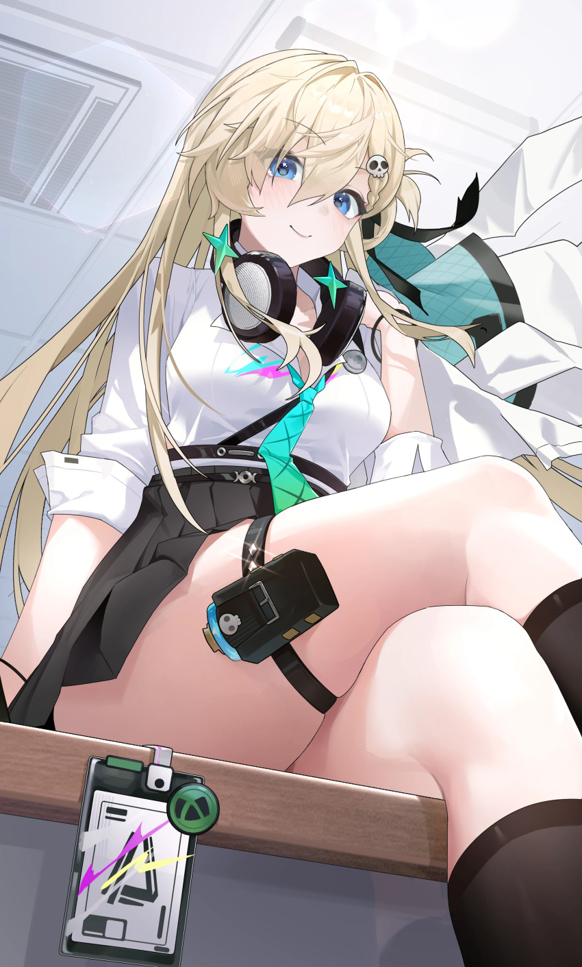 1girl absurdres black_skirt blonde_hair blue_eyes breasts chinese_commentary closed_mouth commentary_request crossed_legs desk earrings from_below hair_between_eyes hair_ornament headphones headphones_around_neck highres indoors jewelry long_hair looking_at_viewer lynae_(wuthering_waves) medium_breasts nabenyaa on_desk shirt shirt_tucked_in sitting skirt skull_hair_ornament smile solo star_(symbol) star_earrings white_shirt wuthering_waves