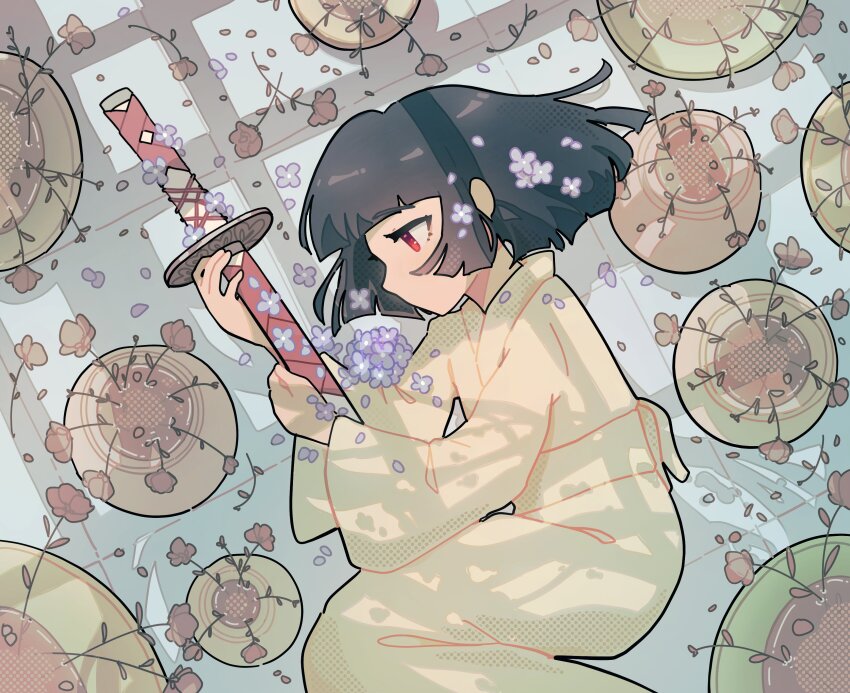 1girl absurdres aged_down black_hair blunt_bangs bob_cut commentary dead_plants derivative_work e.g.o_(project_moon) english_commentary flower from_above full_body highres holding holding_sword holding_weapon hugging_object japanese_clothes kimono limbus_company lying minty_chu no_mouth obi on_floor on_side plant potted_plant project_moon purple_flower red_eyes renketsuen_(e.g.o) ryoshu_(project_moon) saikai_(mili) sash sheath solo sword weapon wide_sleeves wilted_flower yellow_kimono yellow_sash