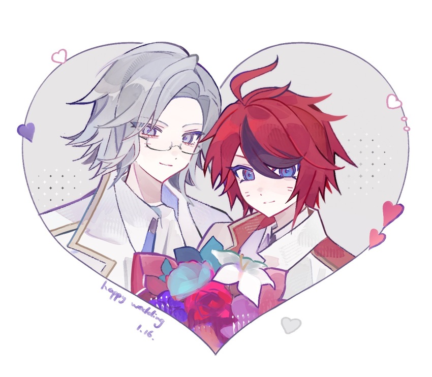 2boys ahoge aotsuki_eito ascot black_hair blue_eyes blue_flower bouquet closed_mouth collared_shirt dated english_text eyes_visible_through_hair flower glasses gold_trim grey_hair hair_between_eyes heart height_difference highres jacket lapels lily_(flower) male_focus multicolored_hair multiple_boys notched_lapels official_alternate_costume red_flower red_hair red_rose rose semi-rimless_eyewear shirt short_hair smile streaked_hair sumino_takumi the_hundred_line_-last_defense_academy- tsurime two-tone_hair white_ascot white_flower white_jacket white_lily white_shirt yaoi yizooo