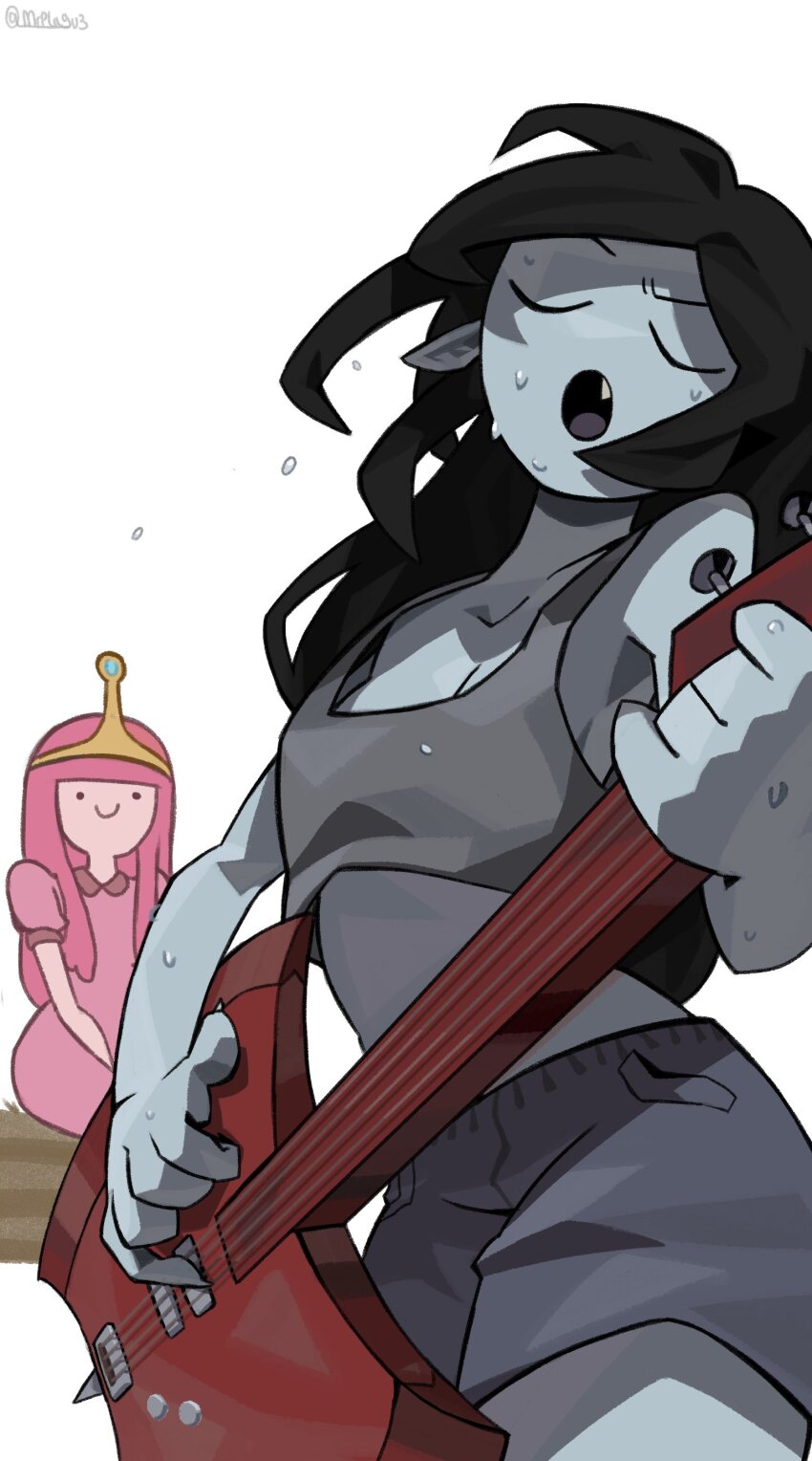 2girls absurdres adventure_time artist_name ax_bass axe_guitar bass_guitar black_hair breasts closed_eyes colored_skin commentary crop_top crown dress english_commentary grey_skin guitar highres instrument long_hair marceline_abadeer mr_plagu3 multiple_girls music pink_dress pink_hair pink_skin playing_guitar playing_instrument pointy_ears princess_bonnibel_bubblegum shorts simple_background singing sitting smile sweat vampire white_background